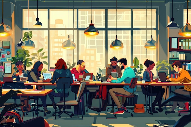 A diverse group of individuals sitting at a table engrossed in their work as they type and make use of their laptops An office full of people doing remote work AI Generated