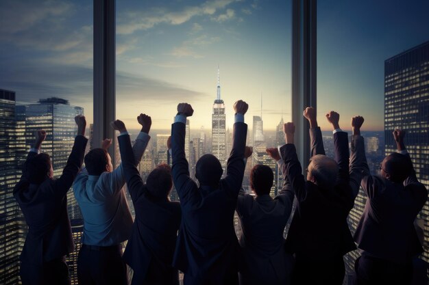 A diverse group of individuals standing in front of a large window appearing engaged or contemplative Businesspeople celebrating a successful merger AI Generated