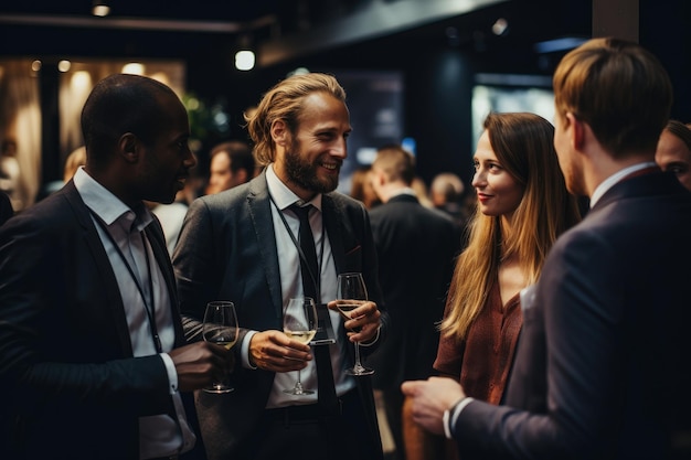 A diverse group of individuals standing side by side posing for a photograph with genuine smiles on their faces People networking at a hip business event AI Generated