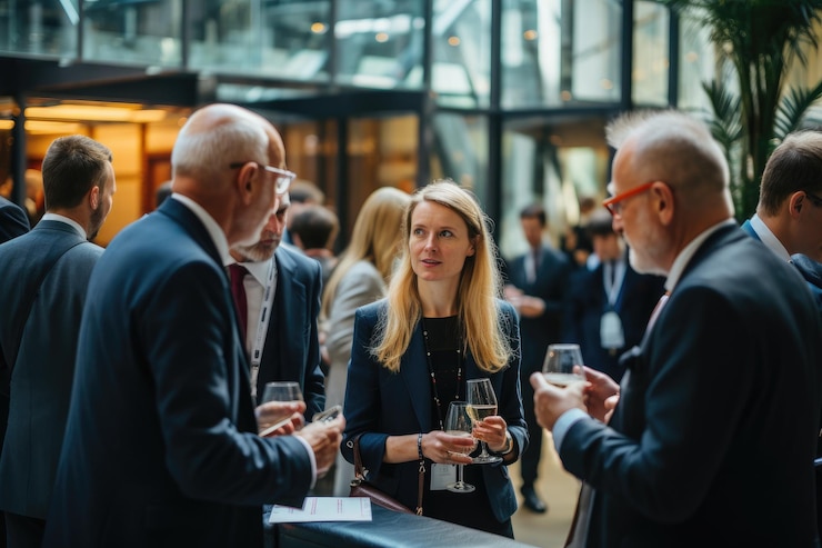 Photo a diverse group of individuals standing together engrossed in a lively conversation delegates networking at conference drinks reception ai generated