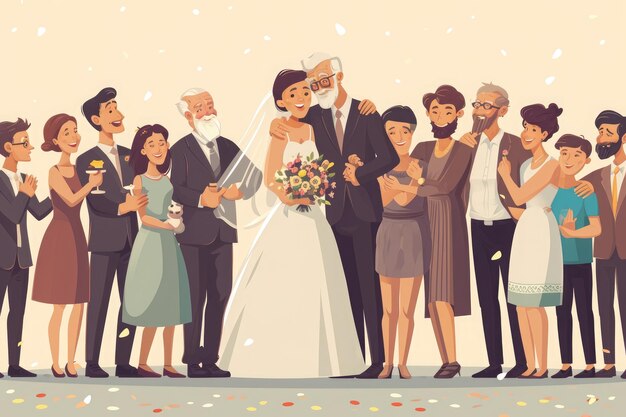 Photo a diverse group of individuals stands in a line smiling for a group photograph a happy couple celebrating their golden wedding anniversary surrounded by family and friends ai generated
