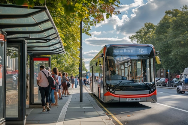 A diverse group of individuals waiting for a bus at a busy urban bus stop A crowded bus stop with an approaching electric bus AI Generated