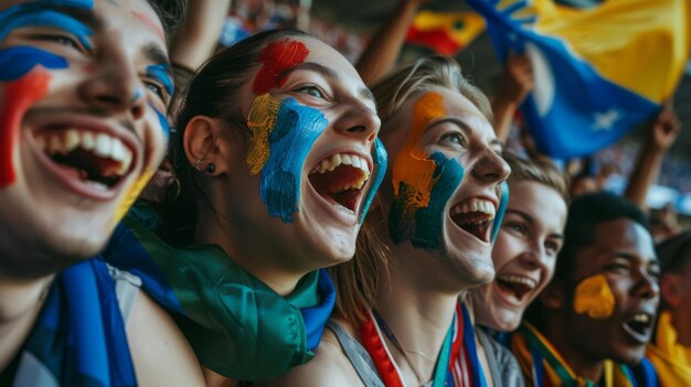 Foto un gruppo diversificato di individui con facce vibranti dipinte si riuniscono in una gioiosa celebrazione