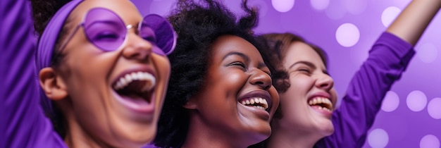 Photo diverse group of joyful women laughing and having fun at a celebration wearing purple accessories ag