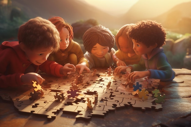 Foto un gruppo diversificato di bambini che assemblano un puzzle