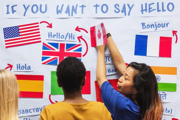 diverse group learning languages multicultural students explore greetings flags and languages language learning and cultural exchange diverse group languages flags education and knowledge