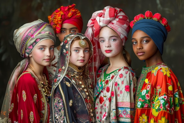 Фото Разнообразная группа детей в ярких культурных нарядах с традиционными головными уборами позируют с