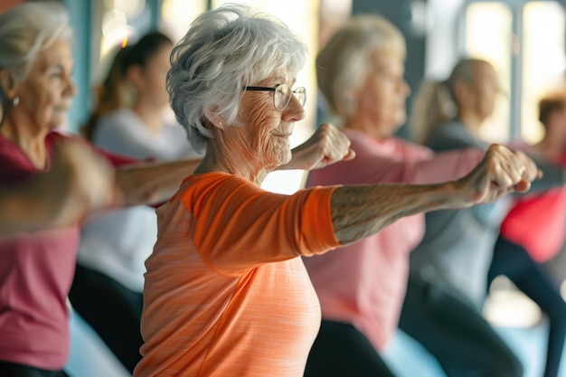 다채로운 노인 여성 그룹이 힘, 유연성 및 마음에 집중하는 밝은 조명 체육관에서 함께 요가 포즈를 우아하게 연습합니다.