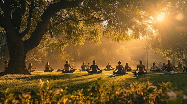 Diverse group in a park doing Sun Salutation at sunrise capturing a serene yoga morning International Yoga Day