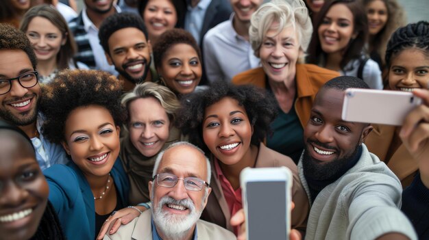 Photo a diverse group of people of all ages are smiling and laughing while taking a selfie