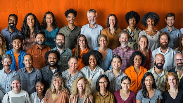 A diverse group of people of all ages and ethnicities are smiling and looking at the camera