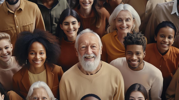 A diverse group of people of all ages and ethnicities are smiling and looking at the camera
