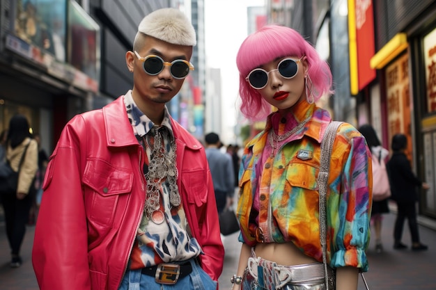 A diverse group of people are standing together on a busy urban street surrounded by city buildings and vehicles A modern street style scene in Tokyo AI Generated