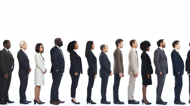 Photo a diverse group of people in business attire standing in a row against a white background the people are all looking in the same direction