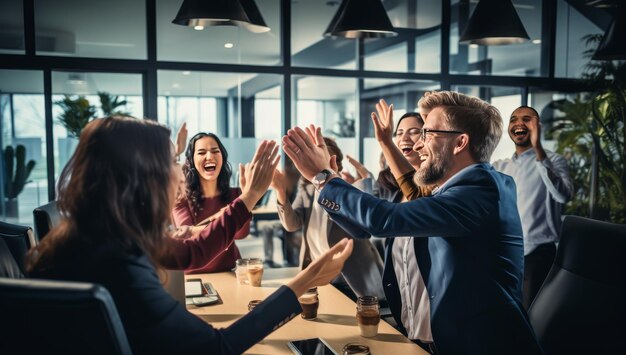 A diverse group of people clapping hands around a wooden table in an expressive and