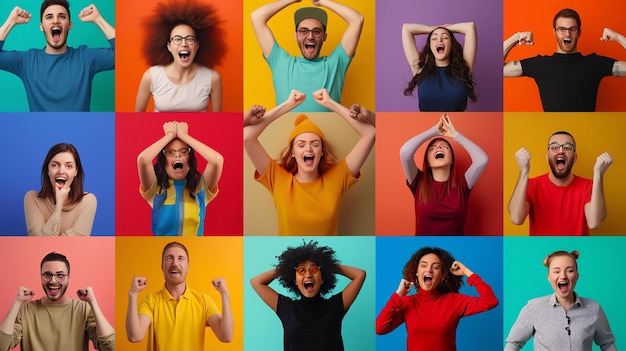 Foto un gruppo diversificato di persone di diverse età ed etnie è mostrato in varie pose di eccitazione