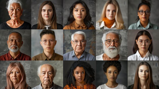 A diverse group of people of different ages races and ethnicities The people are all looking at the camera with neutral expressions