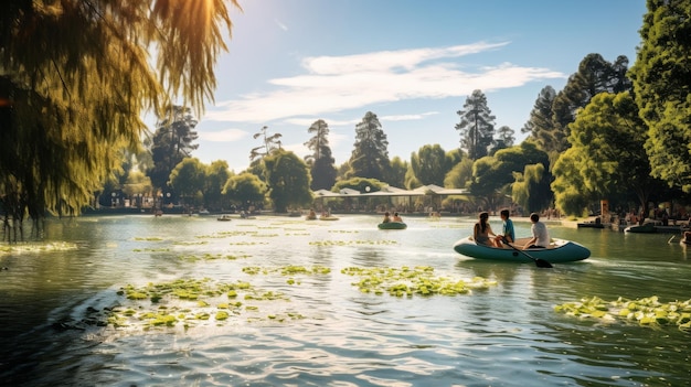 A diverse group of people enjoying a boat ride on a serene river