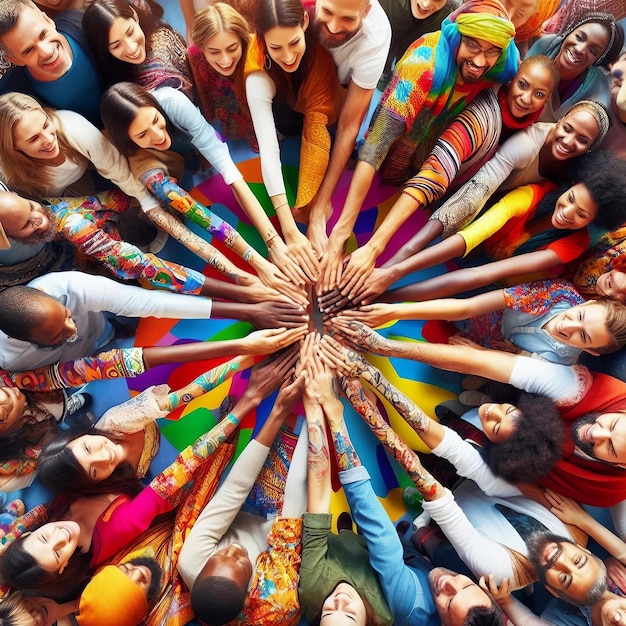 A diverse group of people from different cultures coming together for a hand shake of Human Rights