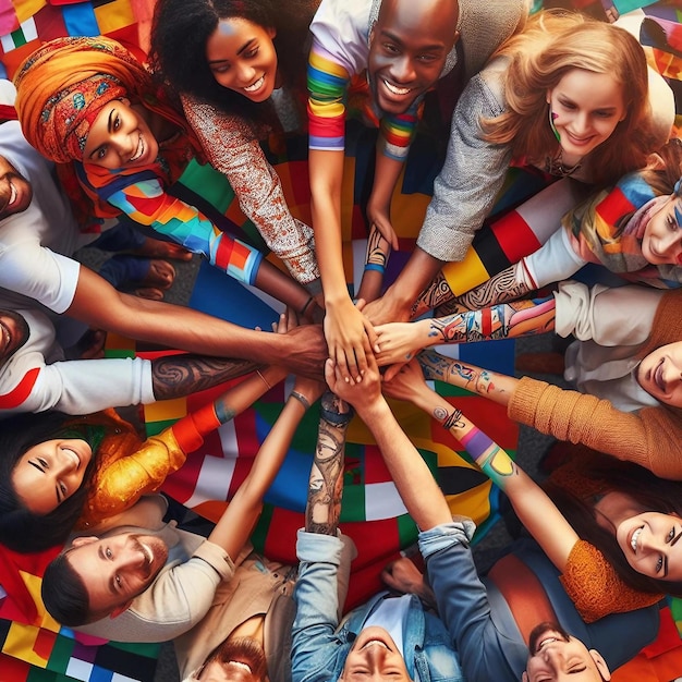 A diverse group of people from different cultures coming together for a hand shake of Human Rights