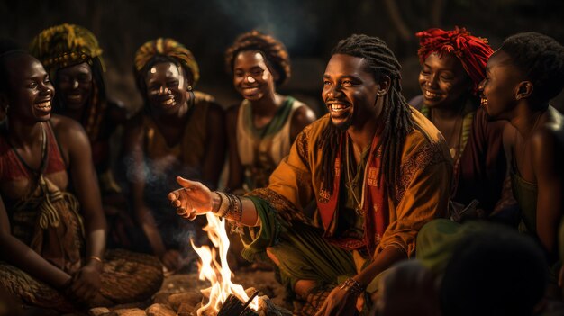 A diverse group of people gather around a crackling fire illuminated by its warm glow