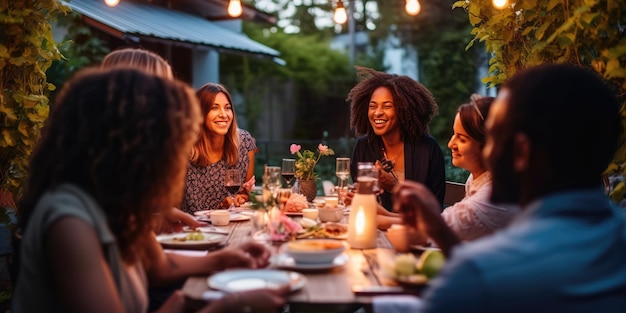 A diverse group of people having fun sharing stories and eating at an outdoor dinner party