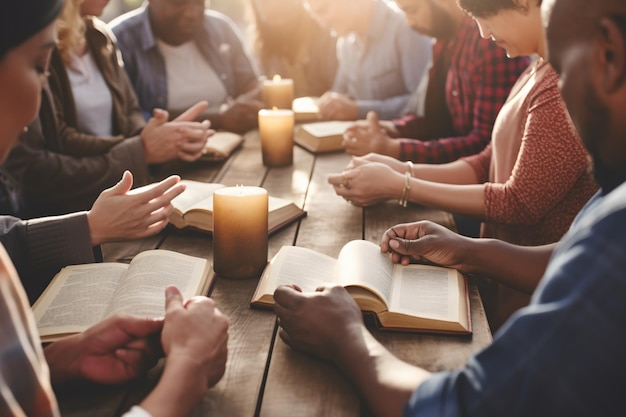 Diverse group of people praying together at a wooden table