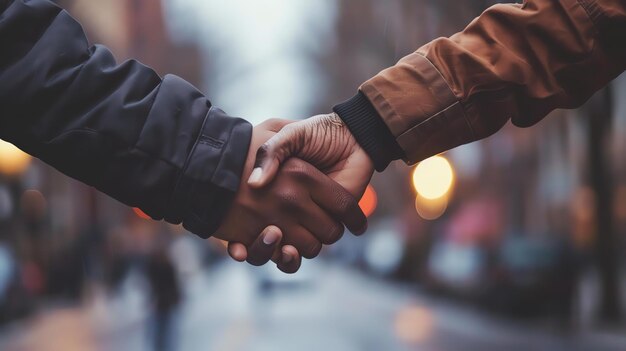 A diverse group of people reaching out to shake hands in unity