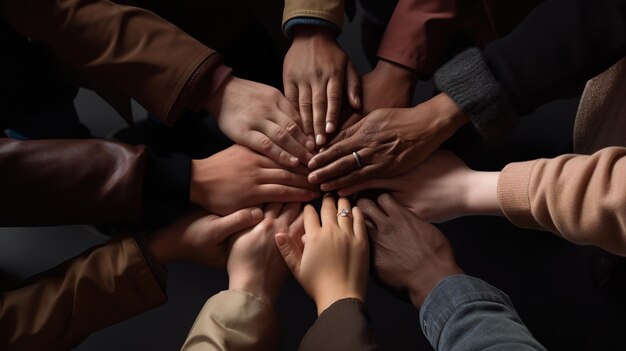 diverse group of people showing unity and teamwork with hands stacked on top of each other