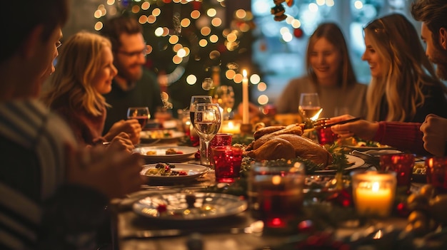 Photo diverse group of people sitting around a dinner table enjoying a meal new year