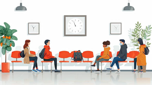 Diverse group of people sitting in a modern hospital waiting room