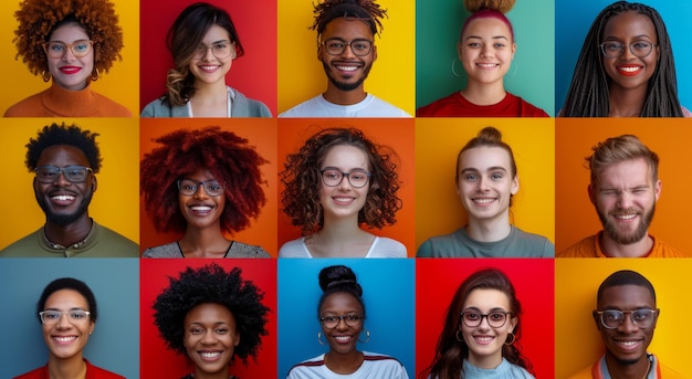 Foto un gruppo diversificato di persone che sorridono su uno sfondo colorato