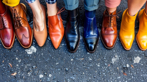 A diverse group of people standing closely together sporting an array of colorful and stylish shoes including business and womens footwear