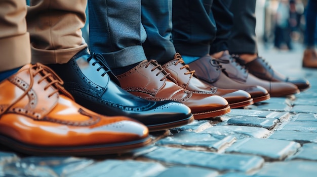 A diverse group of people standing near each other showcasing their stylish brown business shoes with a touch of sophistication