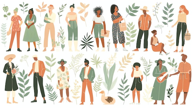 A diverse group of people in stylish outfits surrounded by plants and flowers