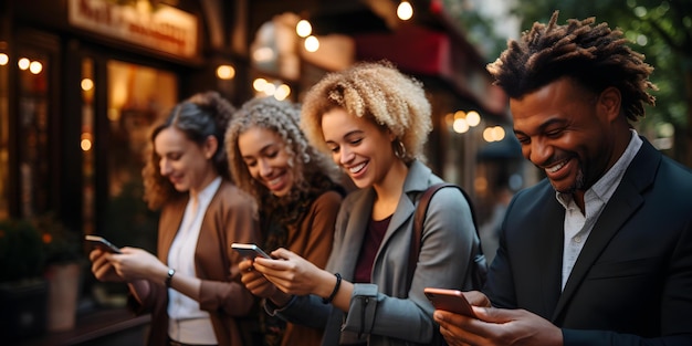 A diverse group of people using smartphones outdoors for social networking Concept Social Media Networking Diverse Group Outdoor Setting Smartphone Usage