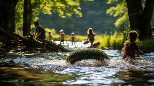 A diverse group of people wade through a rushing river surrounded by natures beauty