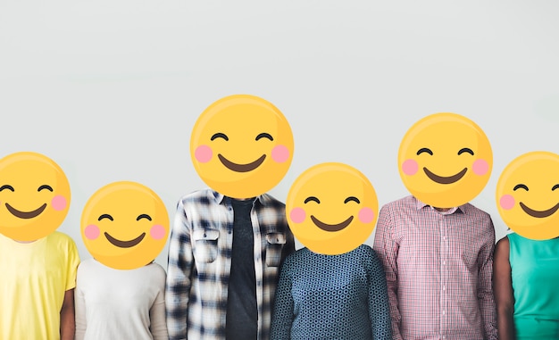 Diverse group of people with happy emoji faces