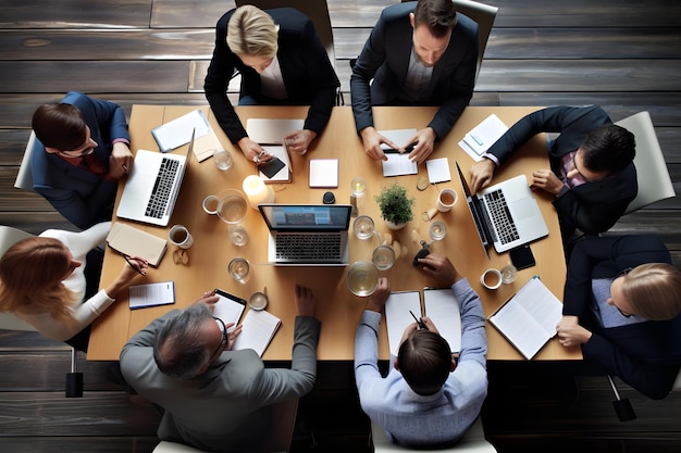 Diverse Group of Professionals Collaborating on Projects and Ideas at Conference Table with Laptops