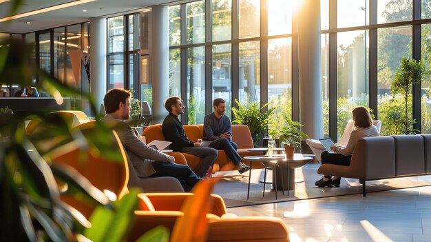 Foto un gruppo diversificato di professionisti si impegna in una discussione vivace e stimolante circondato da un elegante arredamento moderno per uffici e da un'abbondante luce naturale collaborazione, innovazione e squadra