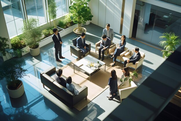 Diverse Group of Professionals Engaged in Discussion at Lobby Table with Arafed View Generative AI