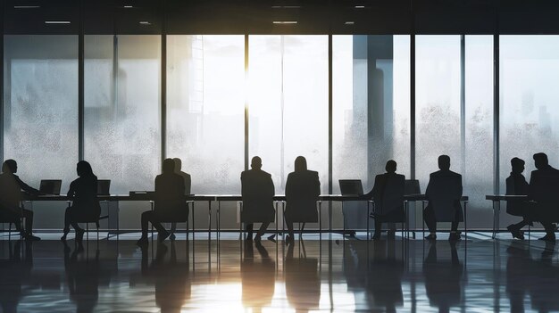 A diverse group of professionals engaging in a management meeting silhouetted against a bright window