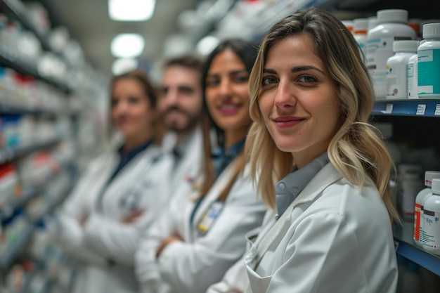 Foto un gruppo diversificato di professionisti in camicie bianche di laboratorio in piedi davanti agli scaffali di una farmacia