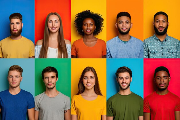 Diverse group of smiling young adults on colorful backgrounds