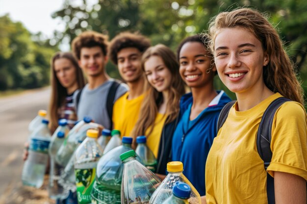 プラスチックボトルを持ってコミュニティの掃除に参加する微笑む若い大人の多様なグループ