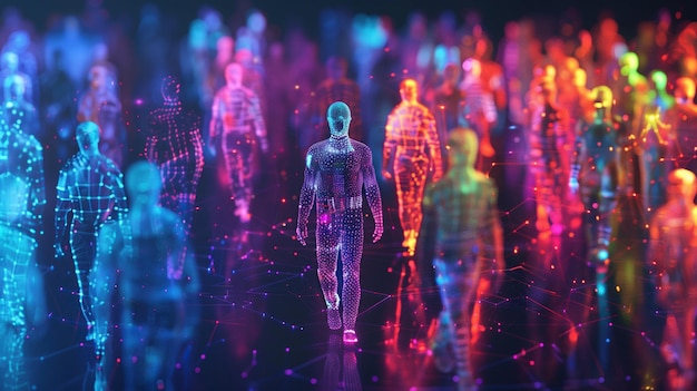 Diverse Group Standing in Front of Vibrant Holographic Background