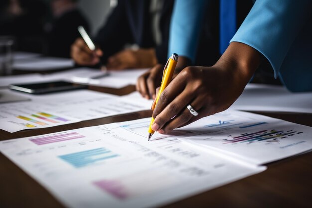 A diverse group stands at a desk hands engaged in document deliberation