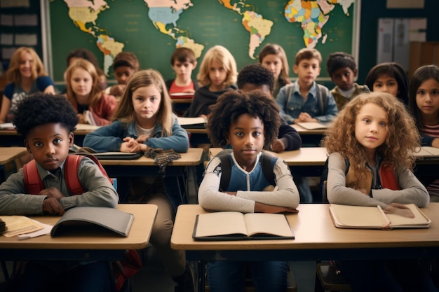 Diverse group of students in a class room Back