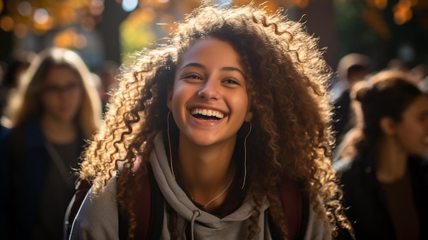 Diverse group of students laughing and walking together through a sunlit campus Highlighting diversity and friendship Back to school