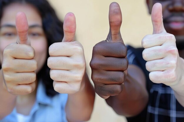 Photo diverse group supports company policy with thumbs up